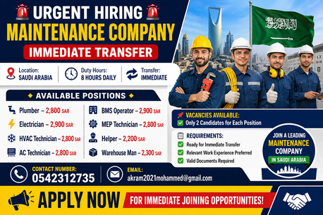 Riyadh, Jobs, URGENT HIRING &ndash; MAINTENANCE COMPANY IMMEDIATE TRANSFER TODAY JOB OFFER LETTER ISSUE