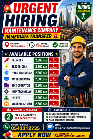 Riyadh, Jobs, URGENT HIRING &ndash; MAINTENANCE COMPANY IMMEDIATE TRANSFER TODAY JOB OFFER LETTER ISSUE