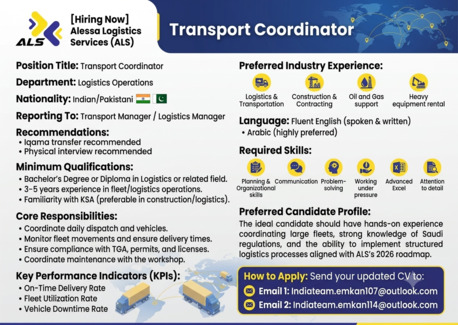 Riyadh, Jobs, HIRING NOW | TRANSPORT COORDINATOR - Saudi Arabia