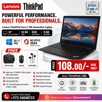 Manama, Tablet Computers, BHD 108,  Lenovo Thinkpad I7 8th Gen Laptop 16GB RAM M.2 SSD 35x Fast 14" Free Bag, Mouse, Earphone