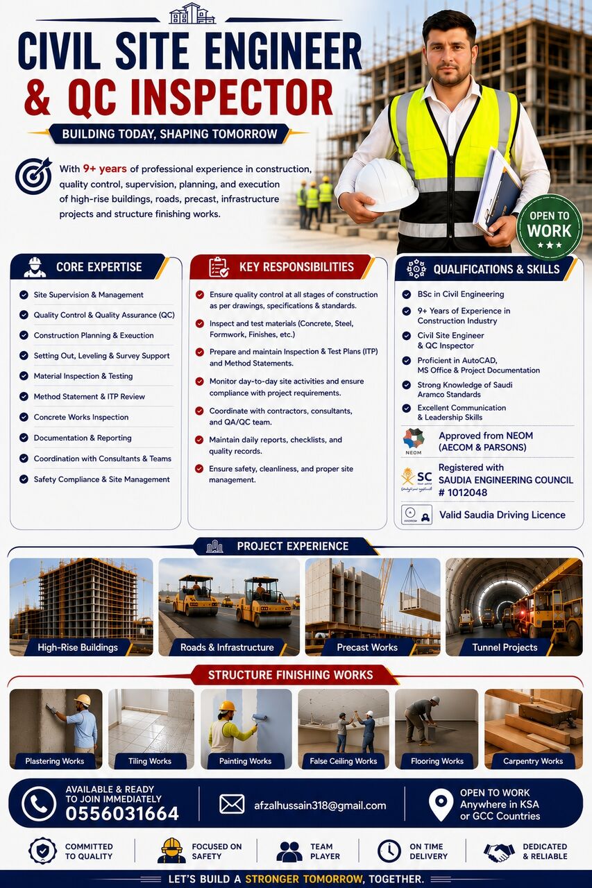 Riyadh, Job Seekers, Sr Site Engineer Civil ,Qc Inspector ,Qc Engineer