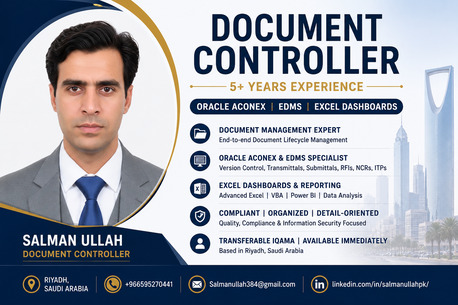 Riyadh, Job Seekers, Document Controller | 5+ Years Experience | Aconex | EDMS | Transferable Iqama | Riyadh