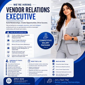 Manama, Jobs, VENDOR RELATIONS EXECUTIVE (Female)