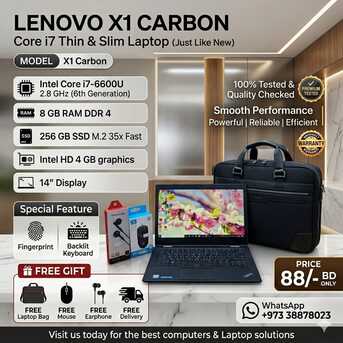 Manama, Tablet Computers, BHD 88,  LENOVO X1 CARBON Core I7 Thin & Slim Laptop 14" Display 8GB RAM 256GB SSD M.2 35x Fast