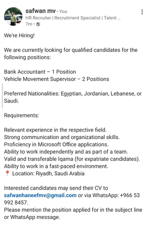 Riyadh, Jobs, Bank Account And Vehicle Movement Supervisor