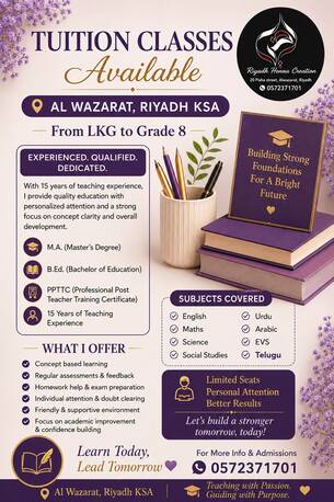 Riyadh, Education, Expert Tuitions Available For LKG To GRADE 8th
