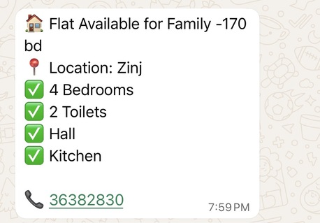 Zinj, Appliances, BHD 170,  Family Flat For Rent