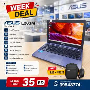Manama, Computers, BHD 35,  Asus Laptop 4GB RAM 64GB EMMC Storage 11.6" HD Display Win 10 Office Ready Webcam Call