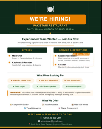 Abha, Jobs, 📢 HIRING &mdash; Pakistani Restaurant | South Abha, KSA
