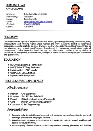 Jubail, Job Seekers, Civil QCI/civil Supervisor