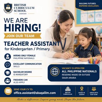 Jeddah, Jobs, Vacancy For Assistant Teacher ! Only For PHILLIPINE Nationals