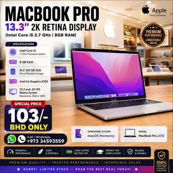 Manama, Electronics, BHD 103,  Special Offer MacBook Pro Intel Core I5 2.7Ghz Speed 13.3" Retina 2K Display 8GB RAM Ready