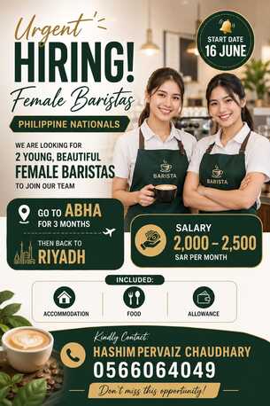 Riyadh, Jobs, Urgent Hiring 2 Female Barista (Young)