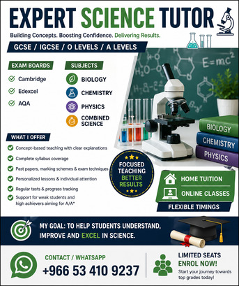 Riyadh, Lessons Offered, GCSE/IGCSE/O & A Level Science Tutor | Biology, Chemistry & Physics