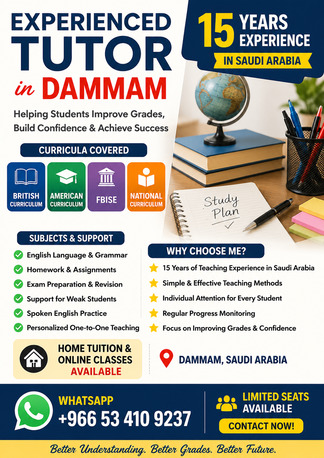 Dammam, Lessons Offered, Improve Grades Fast &ndash; English Tutor In Dammam (15 Years Experience)