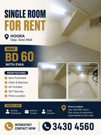 Hoora, Apartments, Flats, Houses & Villas, BHD 60/month,  Studio,  Semi Furnished Single Room For Rent In Hoora With Ewa BD 60 Contact 34304560