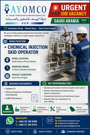 Riyadh, Jobs, Chemical Injection Skid Operator
