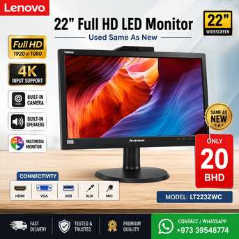 Manama, Computers, BHD 20,  LENOVO&reg; 22&rdquo; FULL HD MONITOR WITH CAMERA & SPEAKERS &ndash; SPECIAL OFFER &ndash; ONLY BHD 22! Call
