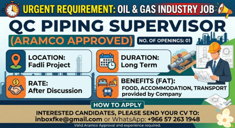 Al Jubail Al Balad, Jobs, QC PIPING SUPERVISOR ARAMCO APPROVE