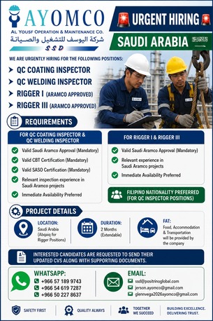 Abqaiq, Jobs, Hiring For QC Coating Inspector, QC Welding Inspector, Rigger I & II With Aramco Approved