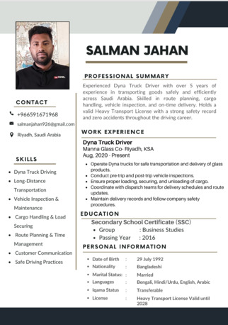Riyadh, Job Seekers, Looking For Job &ndash;  Experienced Dyna Truck Driver