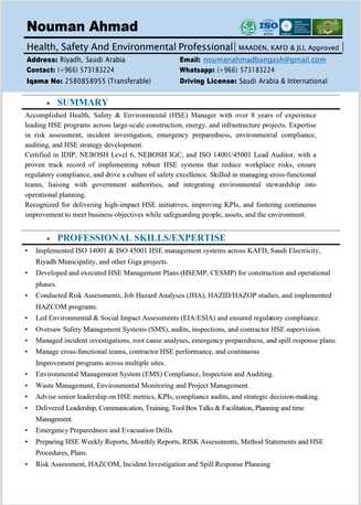 Riyadh, Job Seekers, Experienced HSE Manager, Engineer Available For Immediate Joining