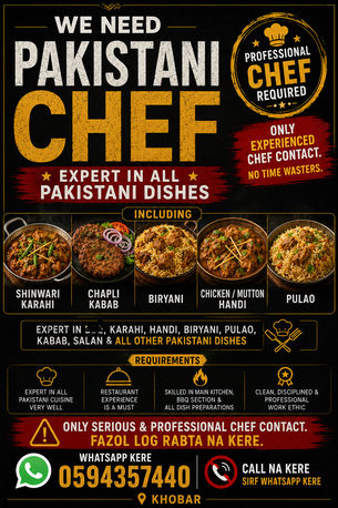 Khobar, Jobs, PAKISTANI CHEF +CHINESE