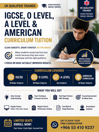 Jeddah, Lessons Offered, IGCSE, O Level, A Level & American Curriculum Tuition &ndash; UK Qualified Trainer