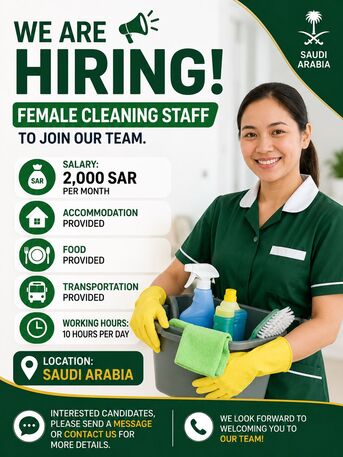Riyadh, Jobs, We Are Hiring Female Cleaners