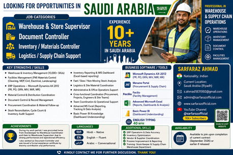 Riyadh, Job Seekers, Warehouse & Store Supervisor | Document Controller: Experience - 10yrs In Saudi Arabia