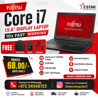 Manama, Tablet Computers, BHD 68,  FUJITSU Core I7 15.6" Display Laptop 8GB RAM 256GB SSD Ready To Use FreeBag,Mouse,Earphone