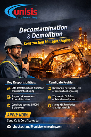 Jubail, Jobs, Decontamination & Demolition Construction Manager / Engineer (O&G, Petrochemical) - Jubail
