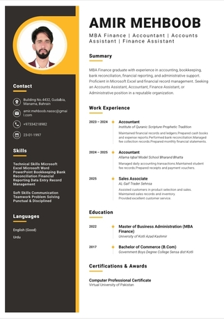 Manama, Job Seekers, MBA  Graduate Seeking Accountant / Accounts Assistant/Cashier Jobs