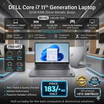 Manama, Tablet Computers, BHD 183,  DELL Core I7 11th Gen Silver Metallic Laptop 32GB DDR4 RAM 512GB M.2 SSD 14" FHD Display