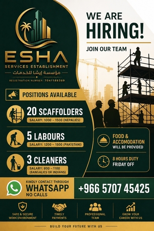 Riyadh, Jobs, Urgent Required, Labors, Cleaners & Scaffolders