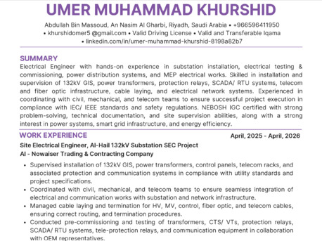 Riyadh, Job Seekers, Electrical Engineer / Electrical Site Engineer / MEP Engineer / Electrical Supervisor