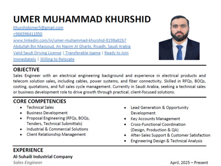 Riyadh, Job Seekers, Sales Engineer | Immediately Available For Joining | 0596411950