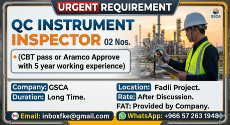 Jubail, Jobs, QC INSTRUMENT  INSPRCTOR CBT PASS OR ARAMCO APPROVE