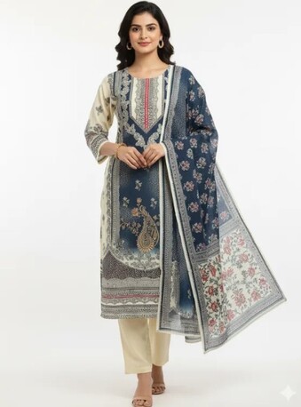 Dwarka, Clothing & Accessories, INR 1899,  Cream & Navy Printed Cotton Suit Set &ndash; Buy Stylish Everyday Ethnic Wear At ₹1899