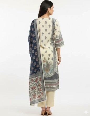 Dwarka, Clothing & Accessories, INR 1899,  Cream & Navy Printed Cotton Suit Set &ndash; Buy Stylish Everyday Ethnic Wear At ₹1899