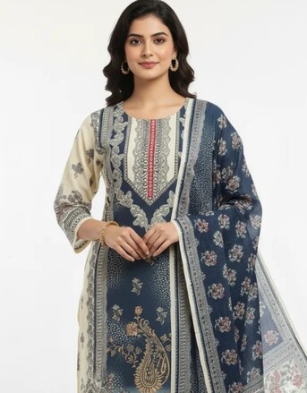 Dwarka, Clothing & Accessories, INR 1899,  Cream & Navy Printed Cotton Suit Set &ndash; Buy Stylish Everyday Ethnic Wear At ₹1899