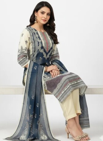 Dwarka, Clothing & Accessories, INR 1899,  Cream & Navy Printed Cotton Suit Set &ndash; Buy Stylish Everyday Ethnic Wear At ₹1899