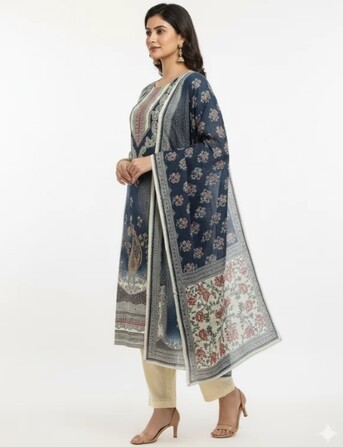 Dwarka, Clothing & Accessories, INR 1899,  Cream & Navy Printed Cotton Suit Set &ndash; Buy Stylish Everyday Ethnic Wear At ₹1899