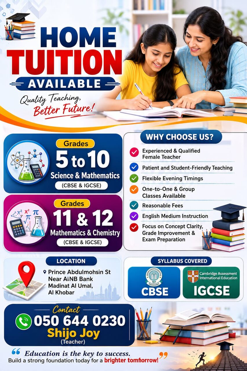 Al Khobar Al Shamalia, Lessons Offered, 🎓 Home Tuition For CBSE & IGCSE Students Grades 5–12 | Maths • Science • Chemistry