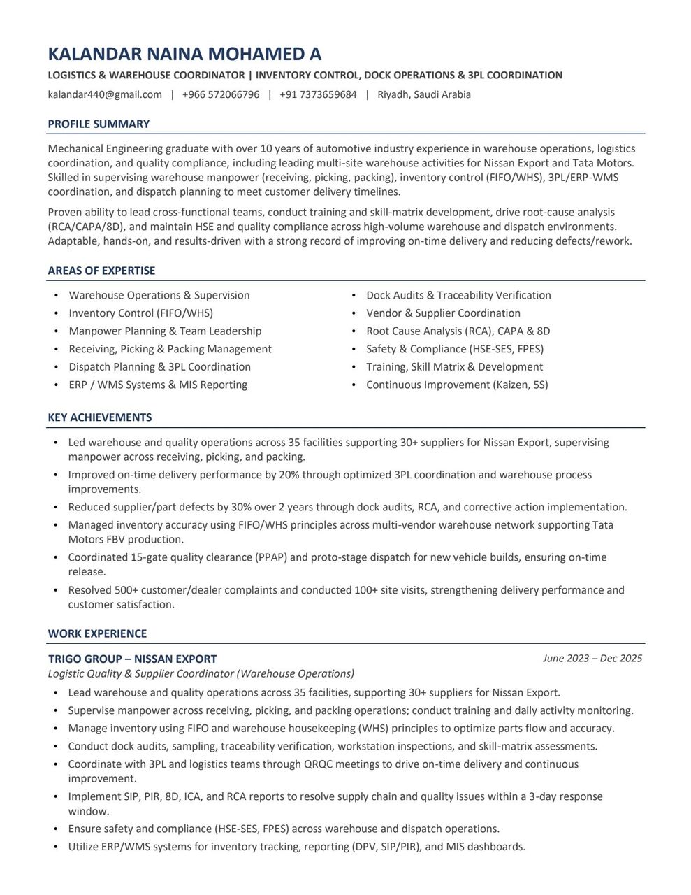 Riyadh, Job Seekers, Warehouse And Logistics Coordinator & Supply Chain Operation & Logistics Quality Manager
