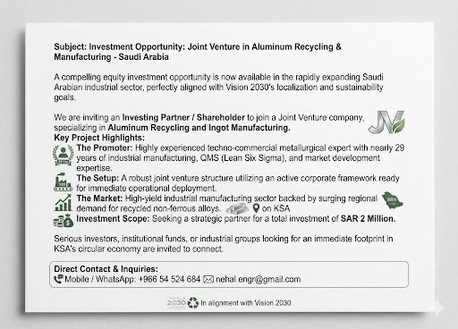 Riyadh, Business Partners, INVESTING PARTNER REQUIRED IN SAUDI FOR MERAL RECYCLING BUSINESS