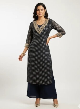 New Delhi, Clothing & Accessories, INR 1899,  Navy Blue Kurta Set With Palazzo &ndash; Shop Stylish Party Wear For Women At ₹1899