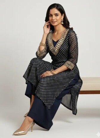 New Delhi, Clothing & Accessories, INR 1899,  Navy Blue Kurta Set With Palazzo &ndash; Shop Stylish Party Wear For Women At ₹1899