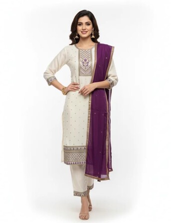 Dwarka, Clothing & Accessories, INR 1499,  White Embroidered Kurta Set With Contrast Purple Dupatta &ndash; Shop Graceful Women&rsquo;s Ethnic