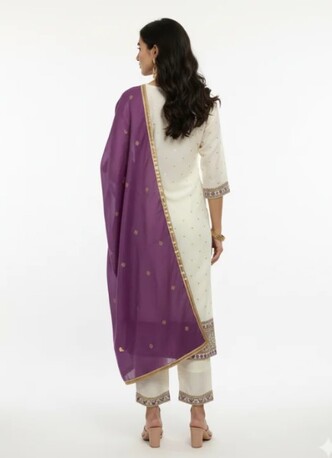 Dwarka, Clothing & Accessories, INR 1499,  White Embroidered Kurta Set With Contrast Purple Dupatta &ndash; Shop Graceful Women&rsquo;s Ethnic